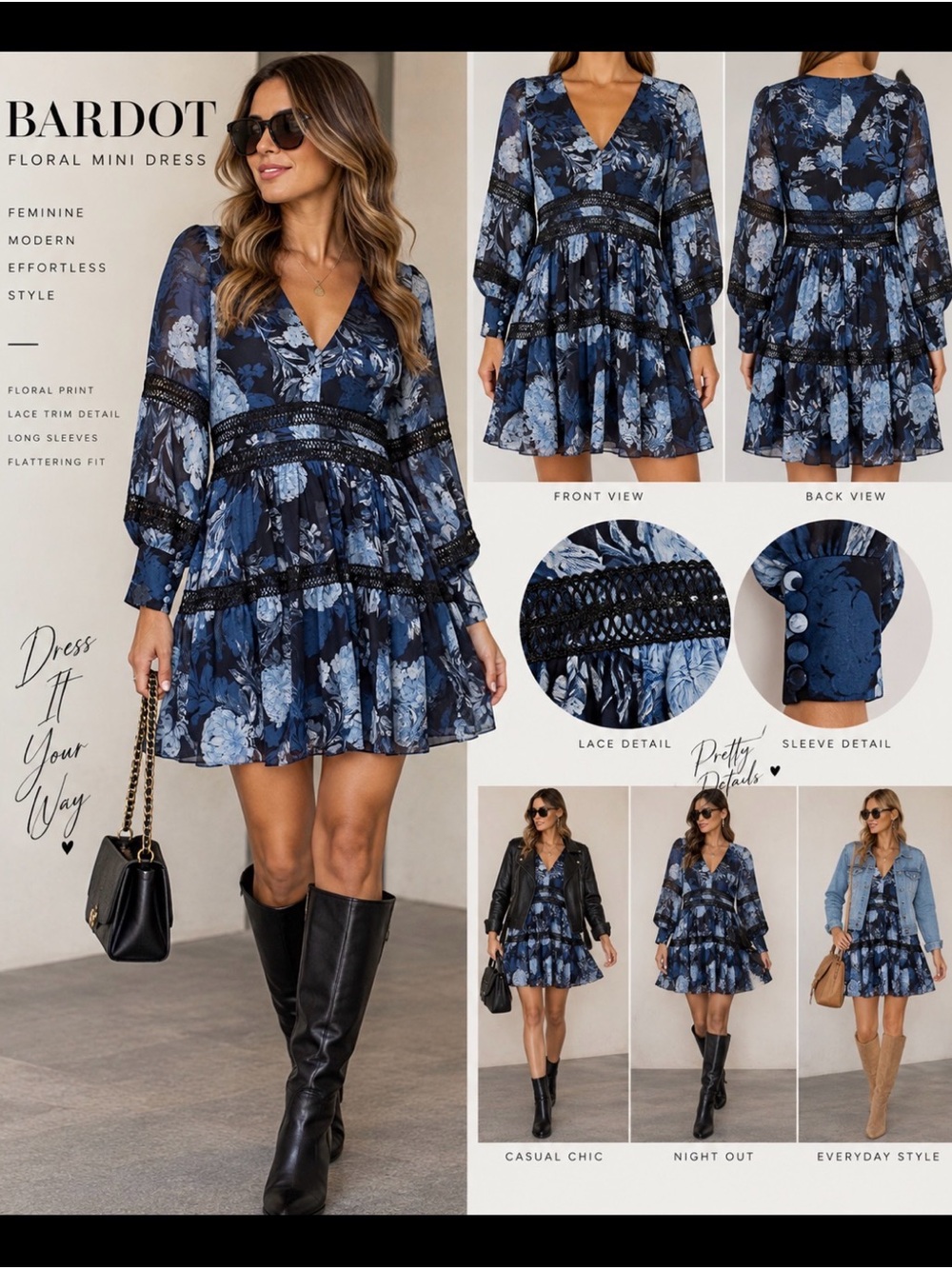 Bardot Navy & Light Blue Floral V-Neck Tiered Mini Dress